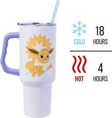 Silver Buffalo Pokémon Stainless Steel Tumbler with Handle Featuring Eevee, Fits in Standard Cup Holder, 40 Ounces