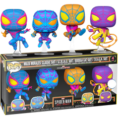 Funko Pop! Spider-Man Miles Morales: Miles Morales: Classic Suit / S.T.R.K.E. Suit / Bodega Cat Suit / T.R.A.C.K. Suit (4-Pack)