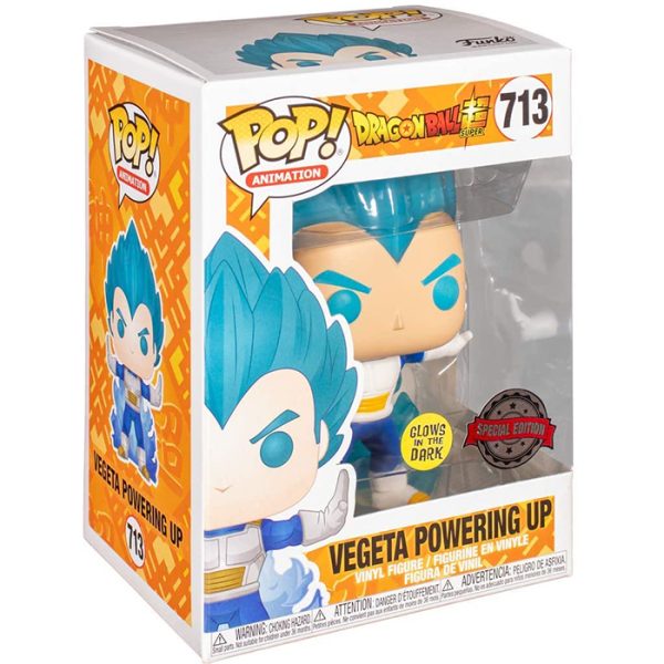 Funko Pop! Dragon Ball Super Vegeta Powering Up Glow Special Edition #713 in retail box with matching stickers