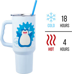 Silver Buffalo Pokémon Stainless Steel Tumbler with Handle Featuring Snorlax, Fits in Standard Cup Holder, 40 Ounces