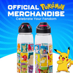 Silver Buffalo Pokémon Pikachu, Squirtle, Charmander, Bulbasaur, Togepi, Meowth, Lapras, Snorlax, Gengar, Jigglypuff, Mewtwo, Onix, Gyarados, Psyduck, Eevee, etc Water Bottle w Screw-On Lid, 28 Ounces