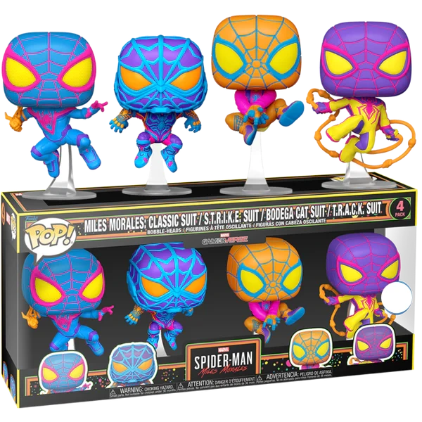 Funko Pop! Spider-Man Miles Morales: Miles Morales: Classic Suit / S.T.R.K.E. Suit / Bodega Cat Suit / T.R.A.C.K. Suit (4-Pack)