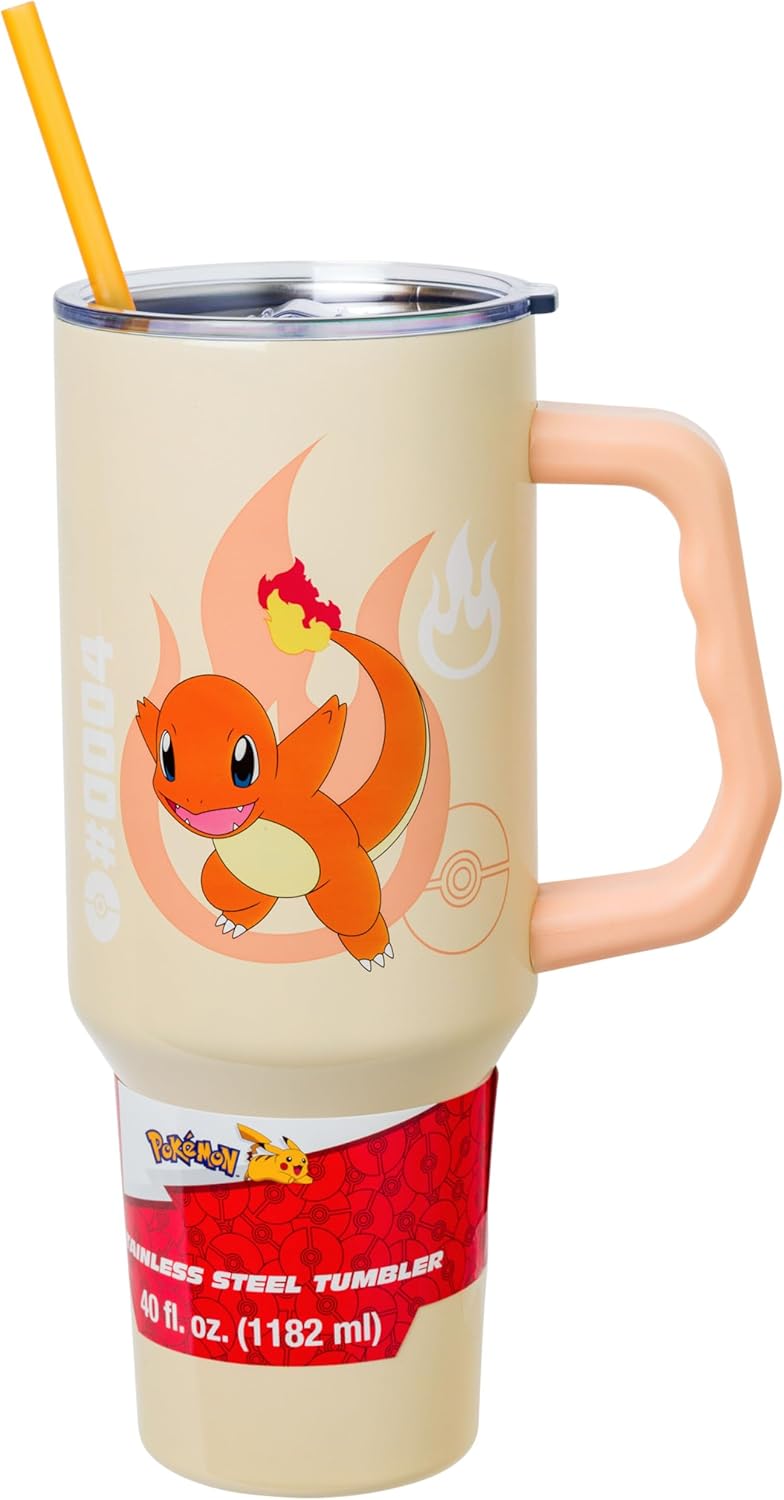 Silver Buffalo Pokemon Charmander with Icon Type 40oz Stainless Steel Tumbler w Handle