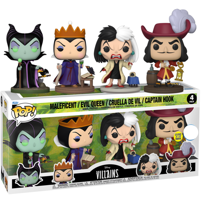 Funko Pop! Maleficent / Evil Queen / Cruella de Vil / Captain Hook (Glows) [4-pack]
